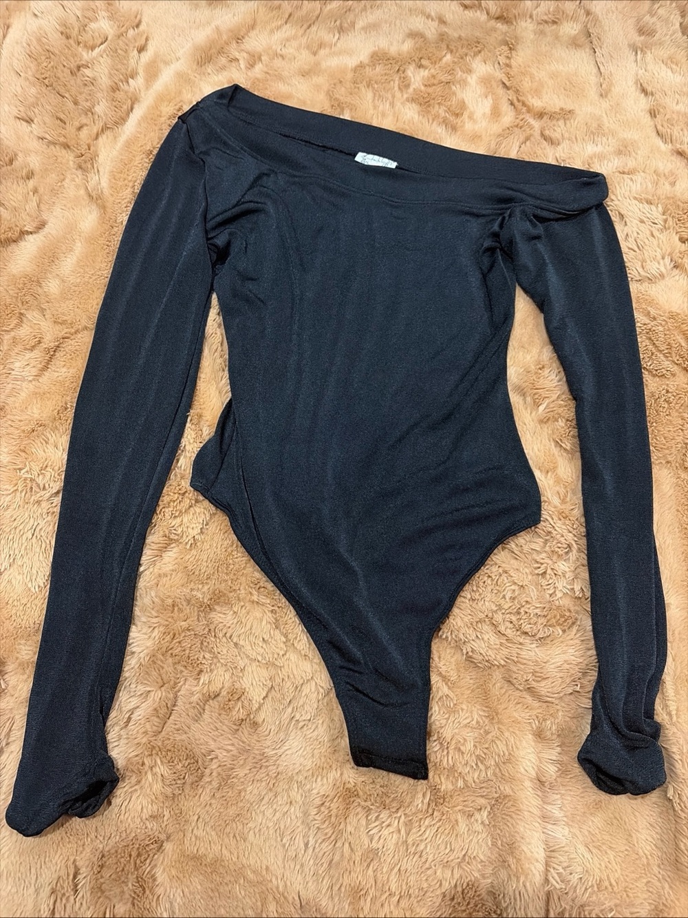 Free People Black Off Shoulder Bodysuit Sheen Long Sleeve Thong
